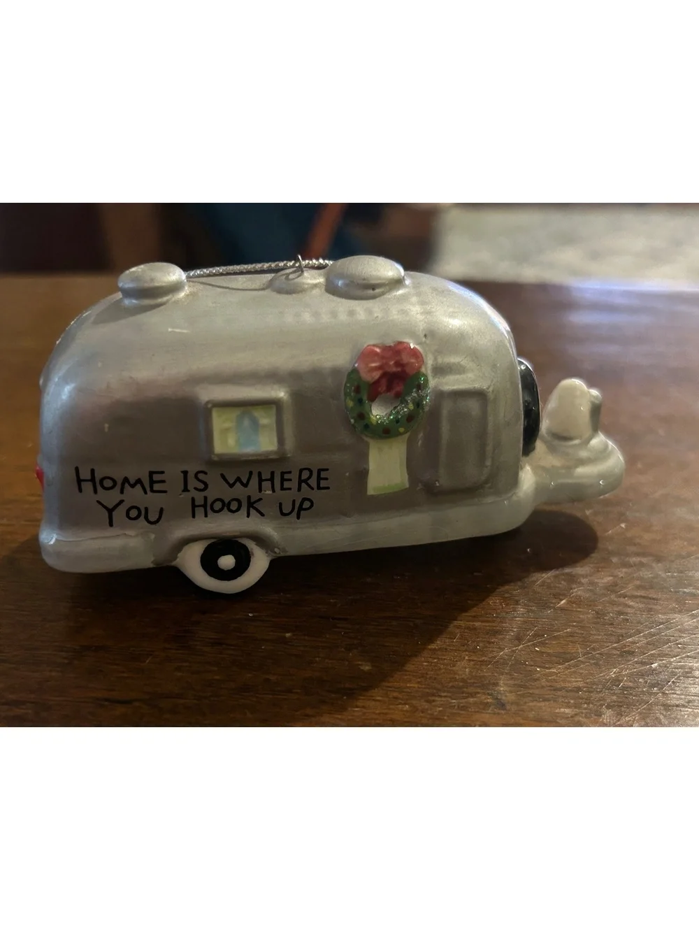 Silver Camper Trailer Christmas Ornament with 'Home is Where You Hook Up' Text
